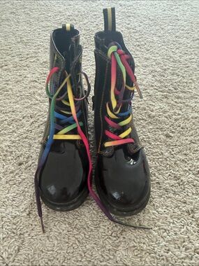 Black Patent Combat Boots with Rainbow Laces - Women